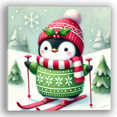 Snowy Day Delight: Penguin Skier Canvas Wall Art