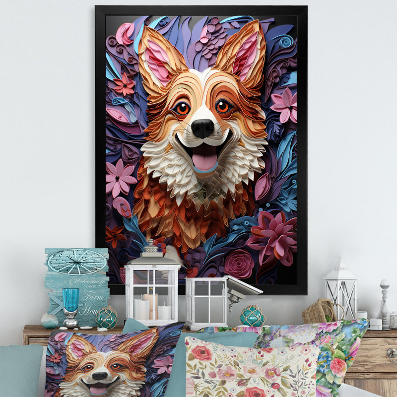 Corgi Charm - chien, art mural sur toile, Cadre photo noir, H 40 po x l 30 po x P 1,5 po