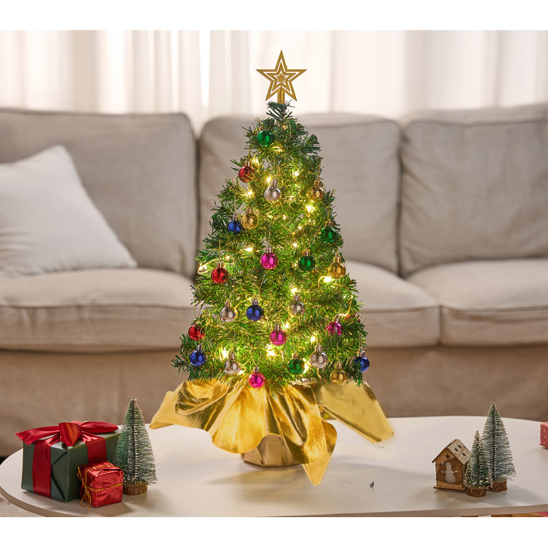 Arbre de Noël de table 24 po / 2 pi avec lumières et arbre suspendu en forme d'étoile et ornements suspendus