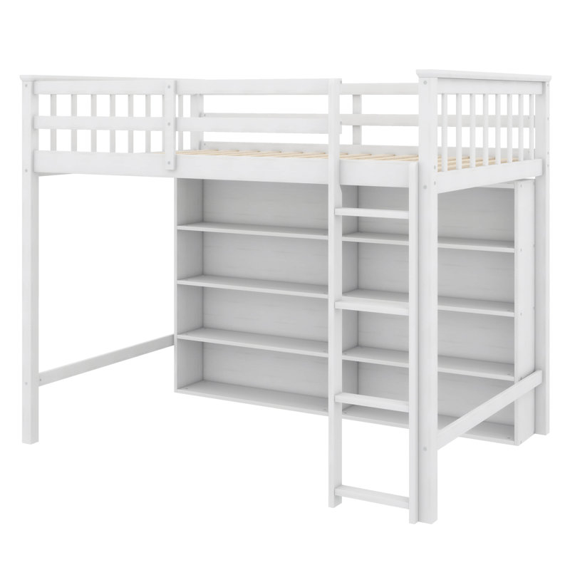 Jimmya Loft Bed with 8 Open Storage Shelves and Built-in Ladder, Full, Antique White