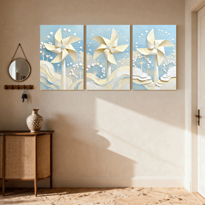 Abstrait, ciel, nuages, pissenlit, vagues, bleu clair, blanc, ensemble de 3 impressions sur toile, H 18 po x l 36 po