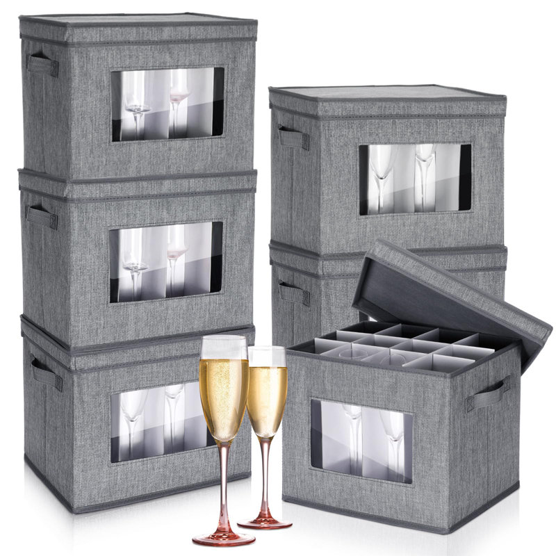 6 Pack Wine Glasses Storage Box With Dividers, 12 Compartments Stemware Storage Cases, Grey