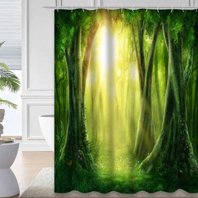 Sunshine Fantasy Forest Green Scenery Shower Curtain with 12 Hooks
