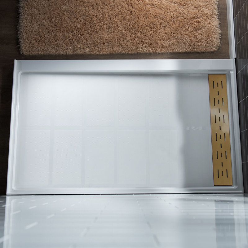  48" W x 36" D Single Threshold Non-Slip Solid Surface Shower Pan Base with Drain Assembly and Drain Cover Included, Droite