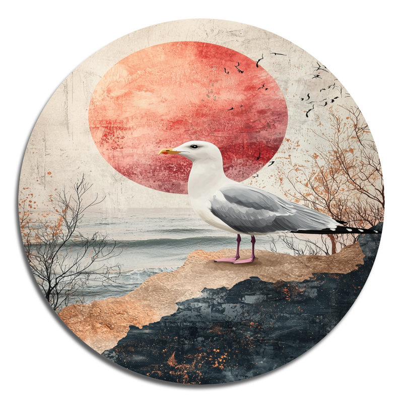 Coastal Seagull Golden Rose Sunset Elegance II - Mouette ronde, impression sur métal, H 29 po x l 29 po