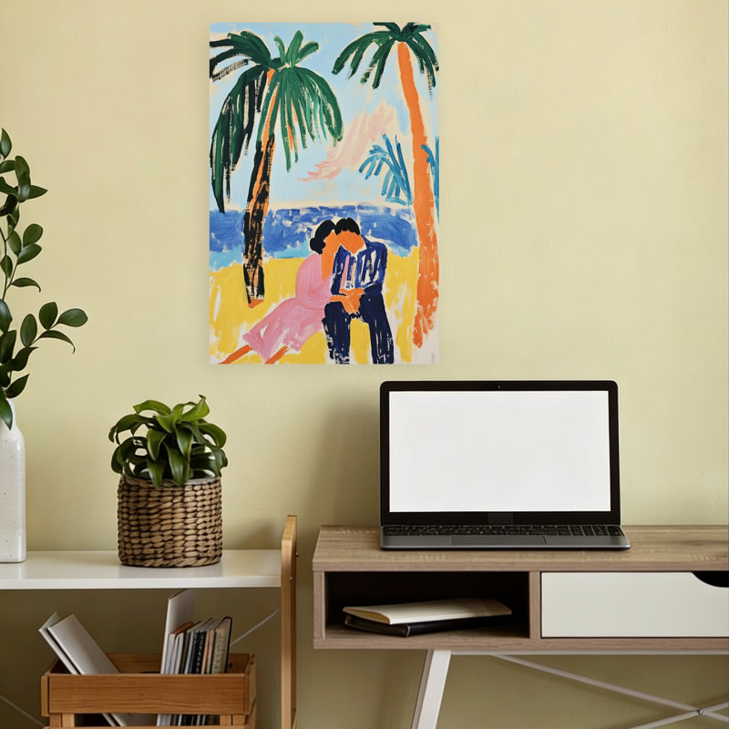 Romantic Beach Couple Abstract Colorful Peaceful Palm Tree Coastal Wall Art Print 1 Piece Wrapped Canvas Wall Art