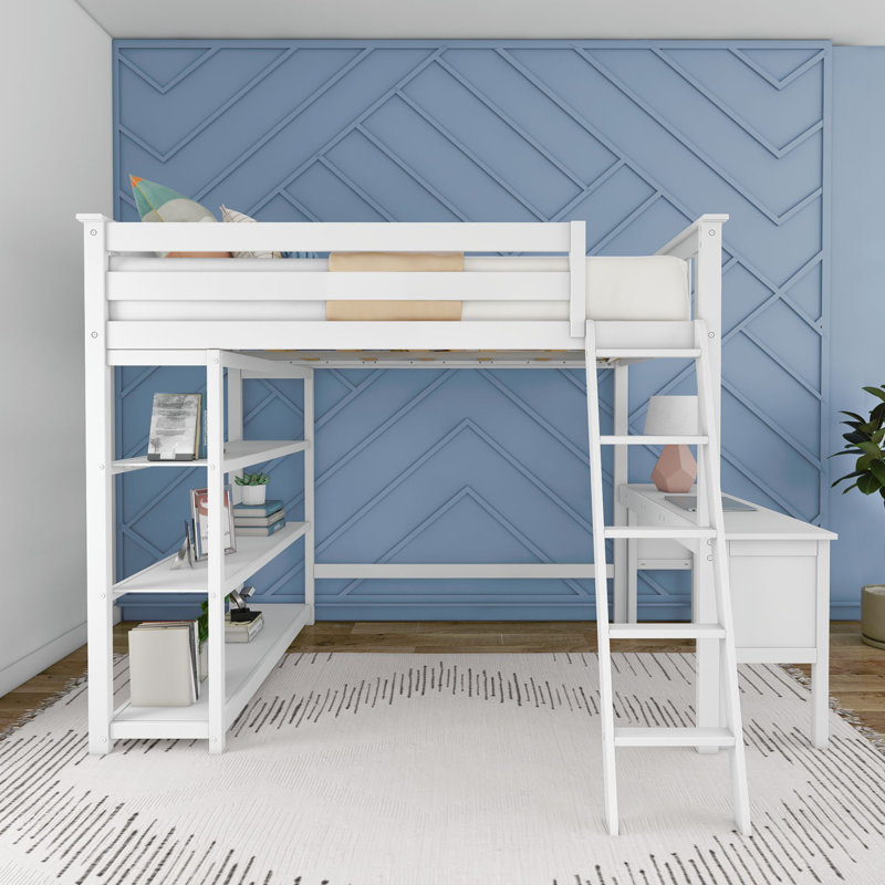 Ermal Full High Loft Bed With Bookcase And Desk, White