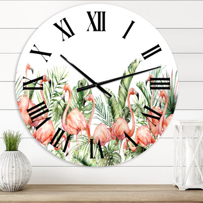 Flamants roses, feuilles de palmier et oiseaux tropicaux - Horloge murale traditionnelle