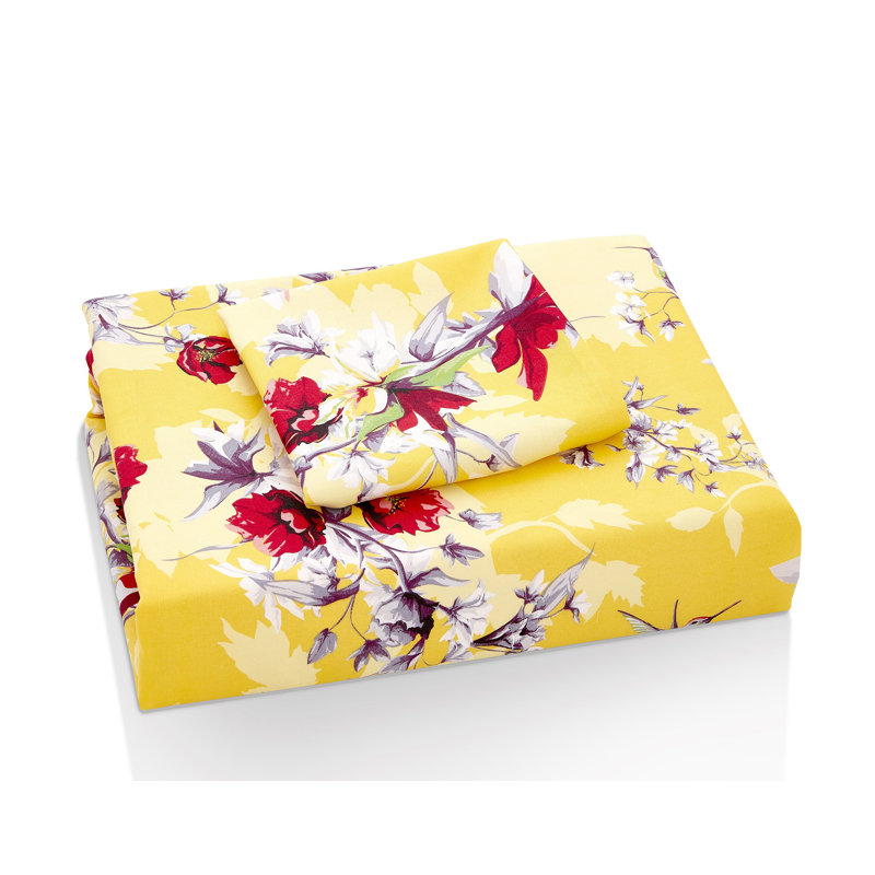 Drap-housse colibris jaunes avec taies d'oreiller, Drap-housse grand avec 2 taies d'oreiller