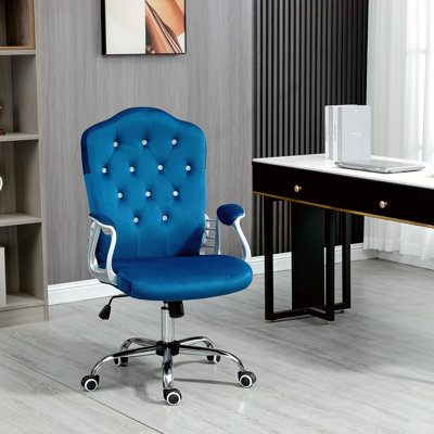 Chaise de bureau à domicile Vinsetto, chaise d'ordinateur en velours, chaise de bureau capitonnée à boutons avec roulettes pivotantes, hauteur réglable et fonction d'inclinaison