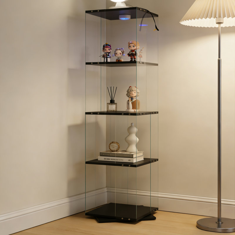 Vitrine rotative en verre trempé à quatre couches avec lumières PAIPAI télécommandées et pieds réglables, idéale pour le salon, la cuisine et le couloir
