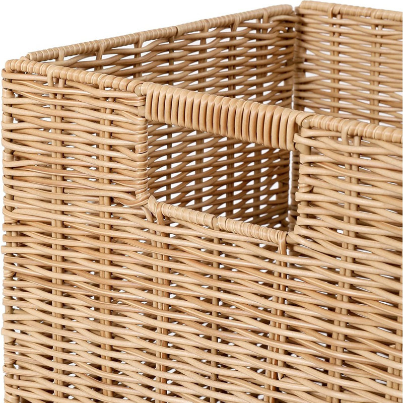 Ensemble de 3 paniers de rangement en plastique et osier pliables | Paniers carrés en rotin pour tablettes | Kaki
