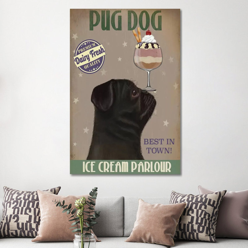 Pug, Black, Ice Cream by Fab Funky - Wrapped Canvas Print, 152.5 cm H x 101.5 cm W