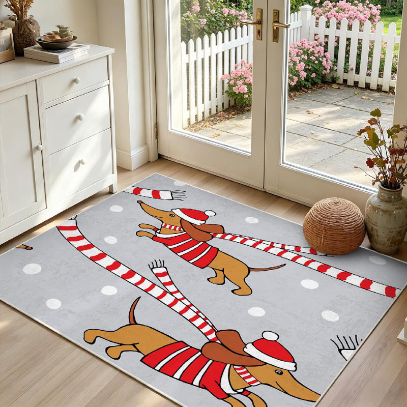 Tapis de Noël rouge romantique avec dessin de teckel et écharpe de teckel, Rectangle 39" x 63"