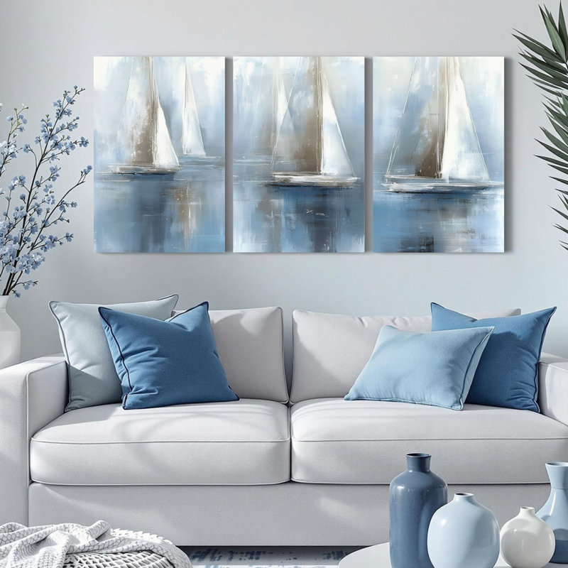 Tableau abstrait sur toile représentant la silhouette d'un voilier (lot de 3), H 36 po x l 72 po