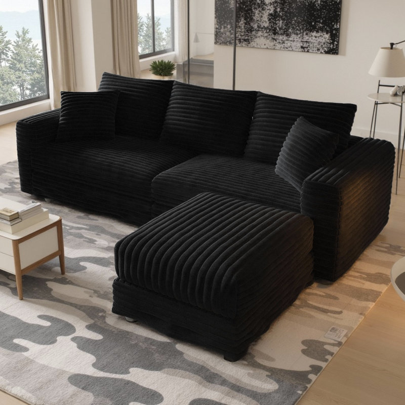 Boneless 82.7" L-Shaped Corduroy Sectional Sofa Upholstered 3-Seat Cloud Couch with Ottoman, Convertible Design, 1000 lb Capacity, Plush Deep Seating & Soft Pillows