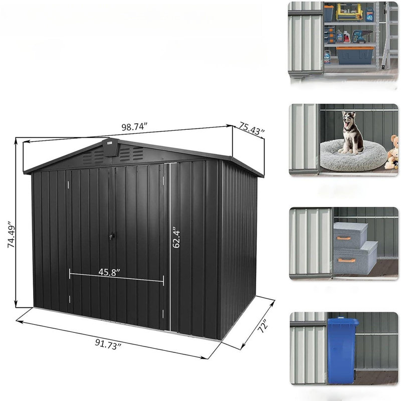 Metal Portable Storage Shed, Black, 74.49" H x 97.74" W x 75.43" D