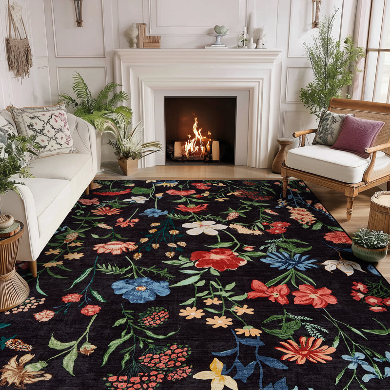 Area Rug for Living Room, Floral Washable Rugs, Low Pile, Soft Non-slip Vintage Carpet for Bedroom, Kitchen, Dining Room, Office