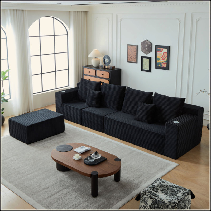Canapé modulaire profond en velours côtelé avec porte-gobelets, aucun assemblage requis, Gris