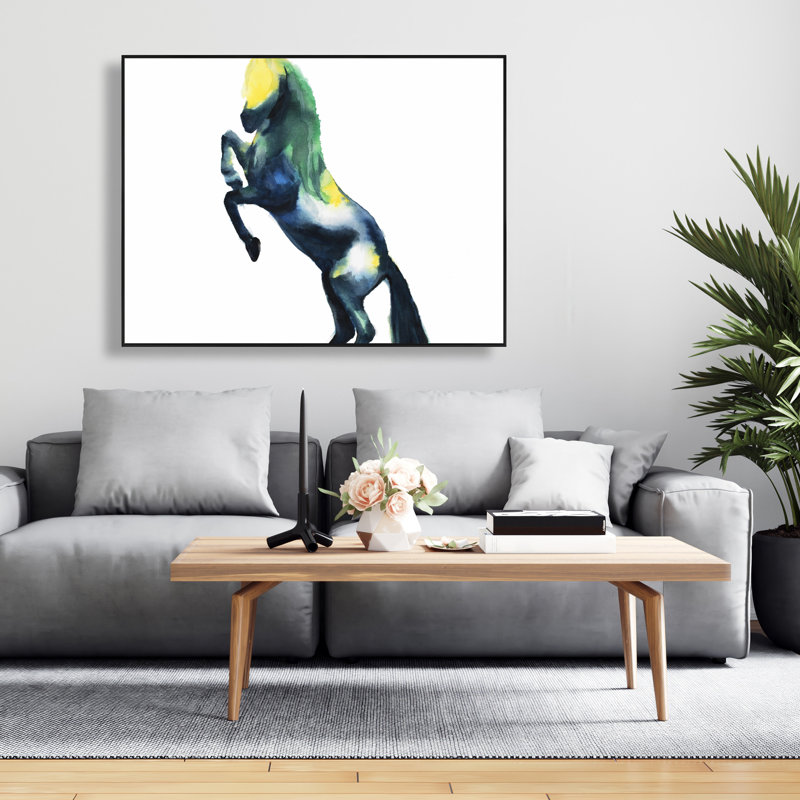 «Greeting Horse» - Toile encadrée jaune pour décor d'animaux de ferme
