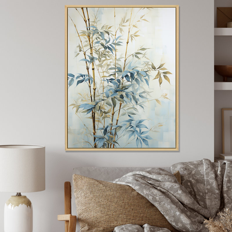 «Blue and Golden Minimalisme Bamboo», reproduction d'art sur toile_106599, H 32 po x l 16 po x P 1 po, Cadre naturel flottant