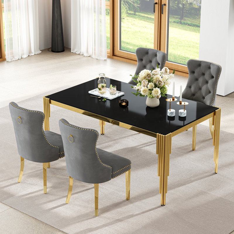 65" Glass Dining Set Of 5, Modern Rectangular Tempered Glass Table With Irregular Round Tube Stainless Steel Legs And 4 Velvet Upholstered Dining Chairs With Nailhead Trim