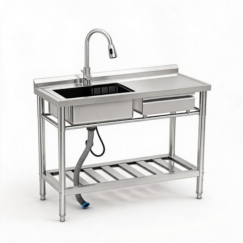 Évier utilitaire autoportant de 99 cm (39 pouces) en acier inoxydable argenté avec robinet extractible et tablette de rangement