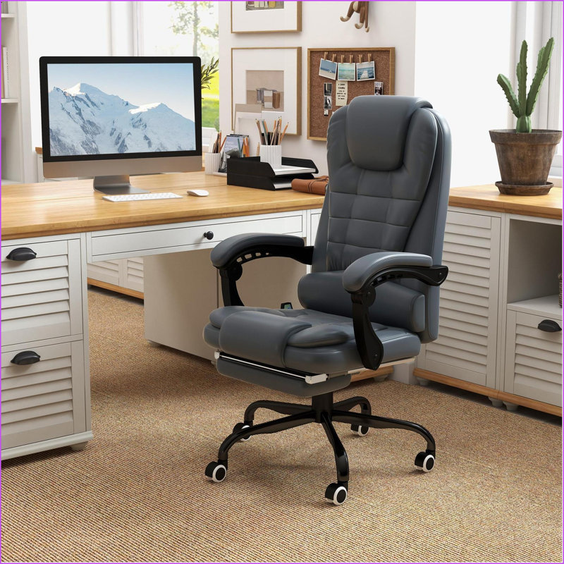 Fauteuil de bureau inclinable à massage avec moteurs vibrants à 7 points, repose-pieds rétractable | Bleu marine | Cuir PU