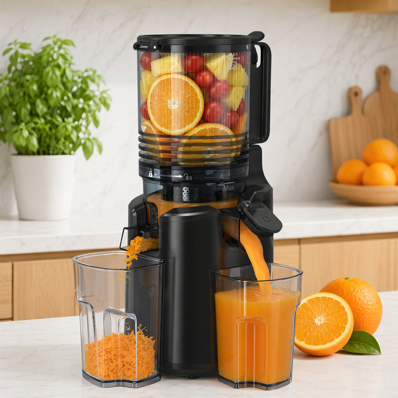 Extracteur de jus à pression froide avec goulotte d'alimentation de 6 pouces de large, extracteur de jus à mastication lente à haut rendement, moteur sans brosse silencieux et facile à nettoyer, presse-agrumes à légumes entiers, noir / argent