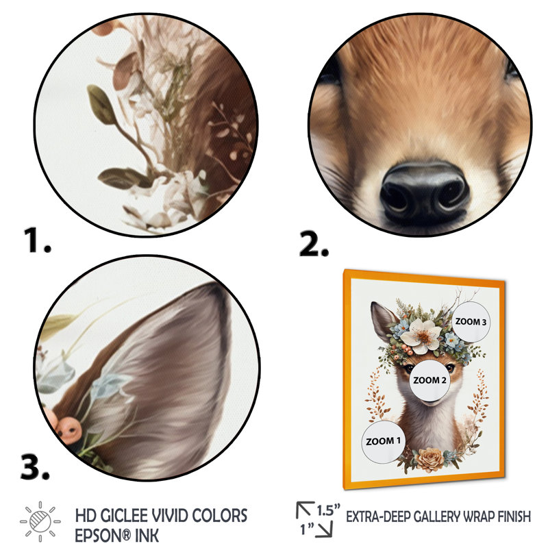 Adorable bébé renard avec couronne florale II - reproduction d'art sur toile, H 20 po x l 12 po x P 1 po