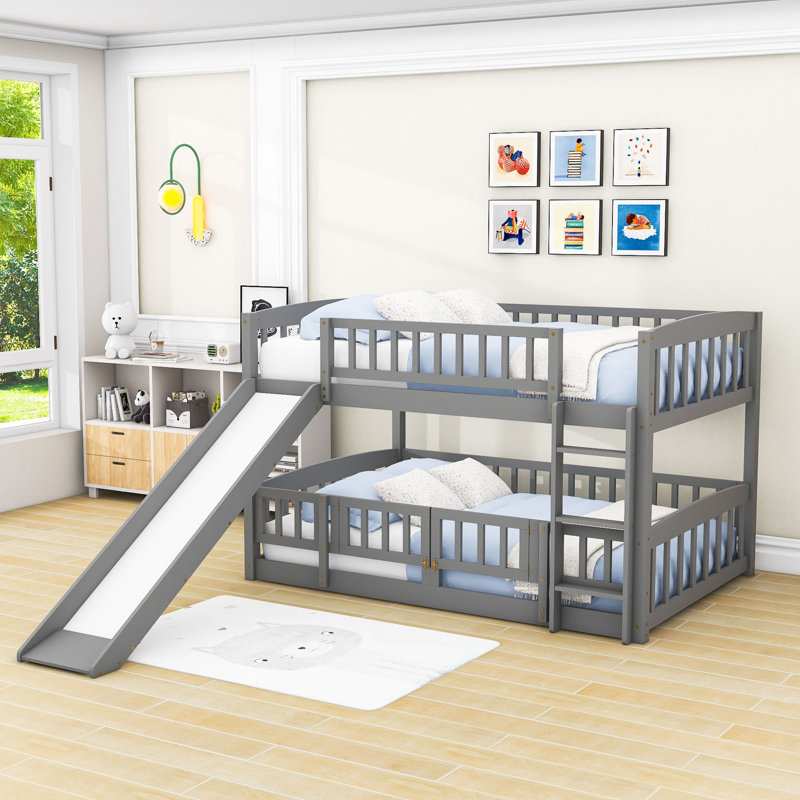 Wood Bunk Bed With Slide And Guardrails, Full over Full, Gray