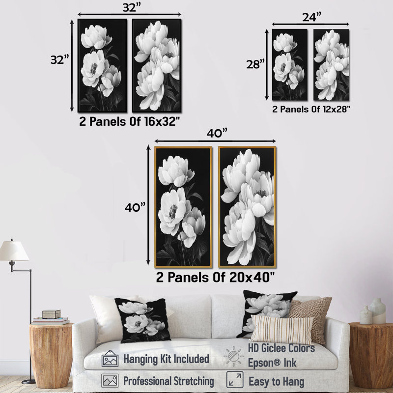 Mono-pivoines avec veines foncées III - art mural floral 2 pièces, H 28 po x l 25 po, Impression encadrée flottante, Argent