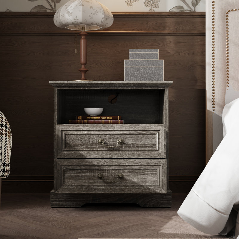 Gray Compact Nightstand Cabinet With Antique Bronze Pulls, Gray