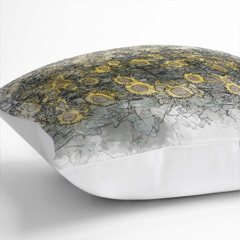 Field of Yellow Sunflowers in Abstract Cushion with Filling, White, 40cm H x 40cm W x 15cm D