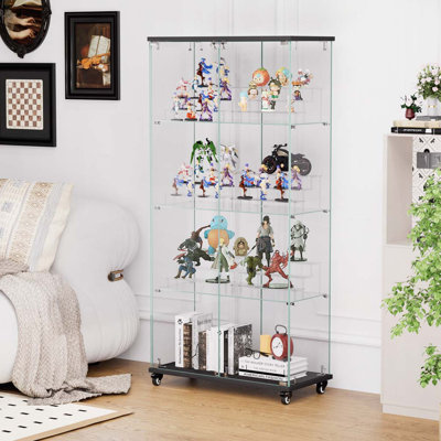 Vitrine à 4 niveaux en verre, armoire à deux portes avec deux verrous, armoire de rangement au sol avec 6 tablettes en acrylique pour le salon, la chambre à coucher et le bureau, noir, L 31,5 po x l 14,2 po x H 65,1 po