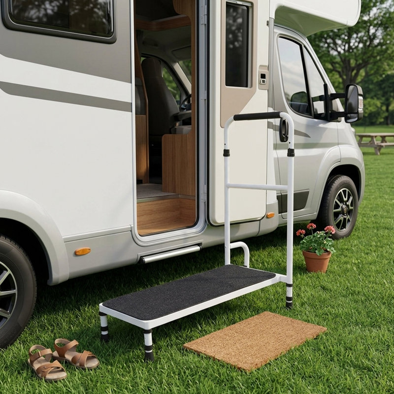 Escabeau robuste avec rampe réglable et aide à la mobilité antidérapante à 5 pieds pour les personnes âgées, Blanc