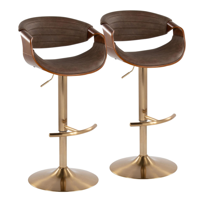 Arabelle Adjustable Faux Leather Bar Stool with Rounded T Footrest (Set of 2), Espresso, Gold