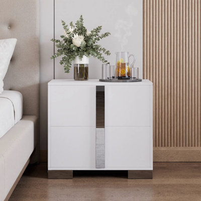Modern 2-Drawer Nightstand with Mirrored Metal Handles, Sleek Metal Legs, Lacquered Finish, Bedroom & Living Room Side Table