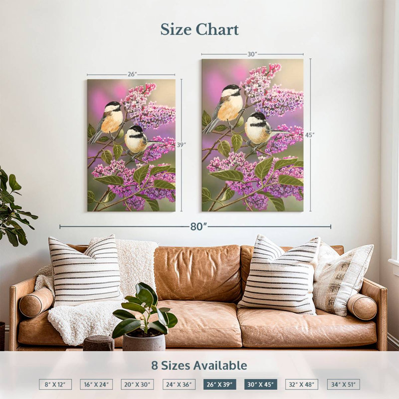 Brampt Lilacs And Chickadees, 39" H x 26" W