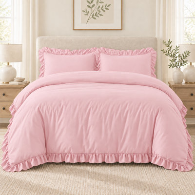 Pink Comforter Set Queen Size, 3 Pieces Solid Pink Ruffle Comforter Set for Queen Bed, All Season Vintage Rustic Soft Microfiber Bedding Set for Women Girls