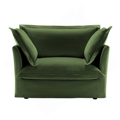 Slip-Covered Armchair With 1 Big Back Cushion And 2 Big Toss Pillows, Single Deep Seat Comfy Single Couch Sofa Multiple Large Soft Pillows, Chenille Fabric, Green