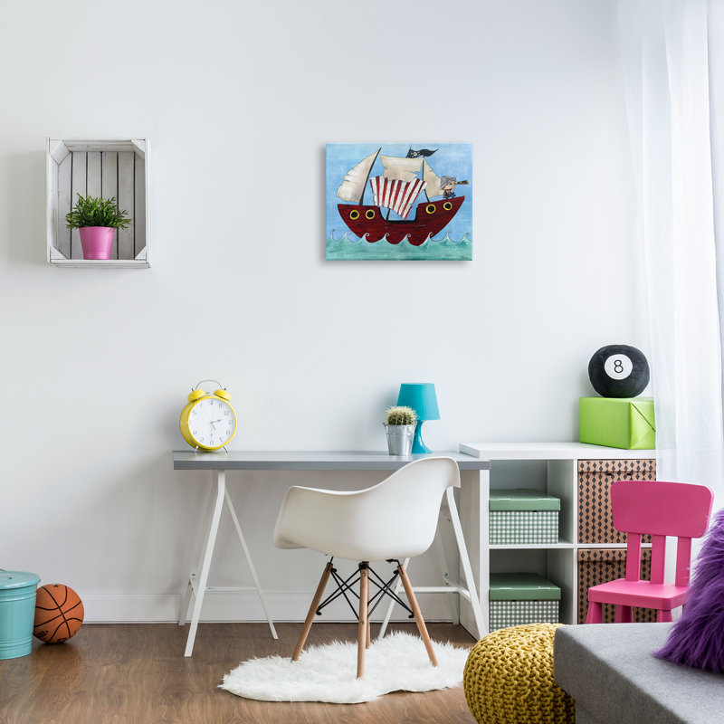 Bateau pirate en mer par Bealook Kids - Peinture, H 16 po x l 20 po, Toile tendue