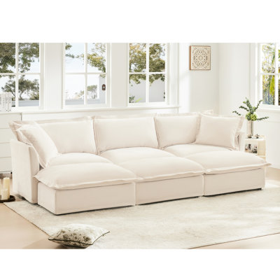 3 places avec repose-pieds, salon en chenille crème, tissu 3 places spacieux et confortable,