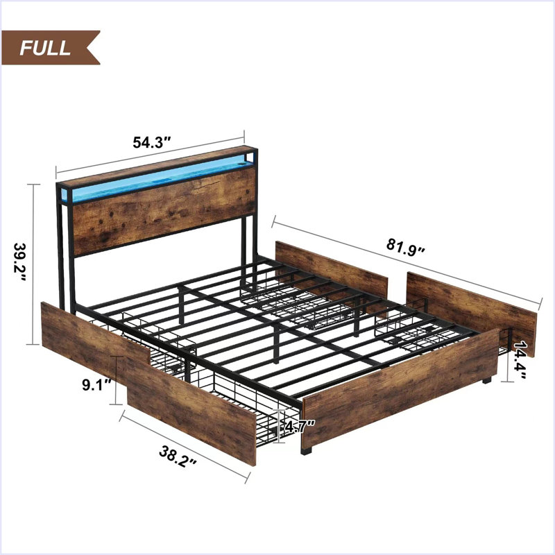 Bed Frame, Storage Headboard With Charging Station, Solid And Stable, Full, Brown