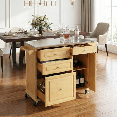 Îlot de cuisine intérieur en bambou avec plateau, tiroirs et armoire en acier inoxydable