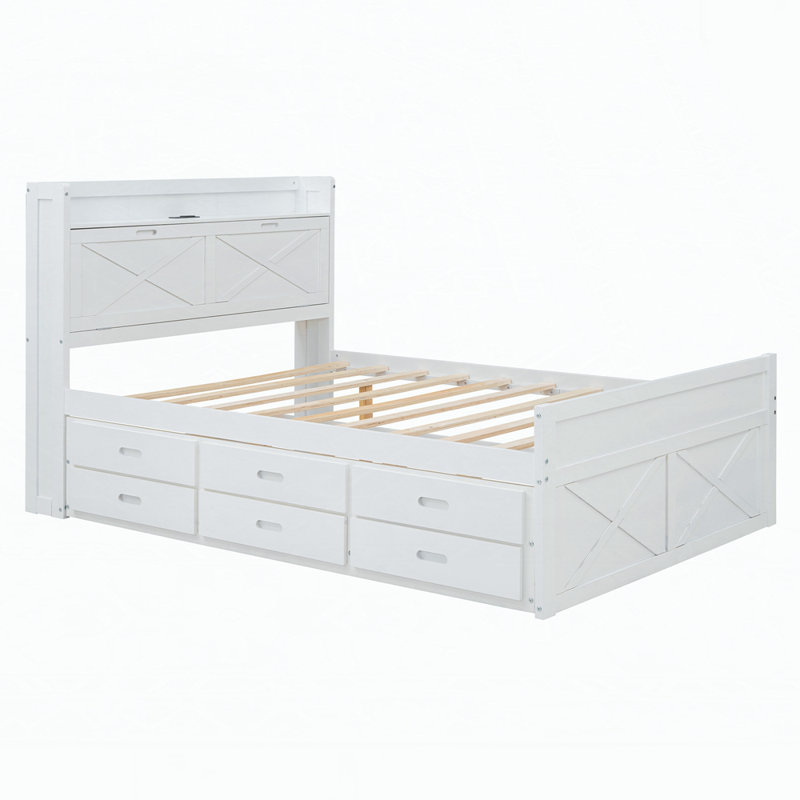 Lit plateforme en bois avec lit gigogne et rangement, Double, Blanc