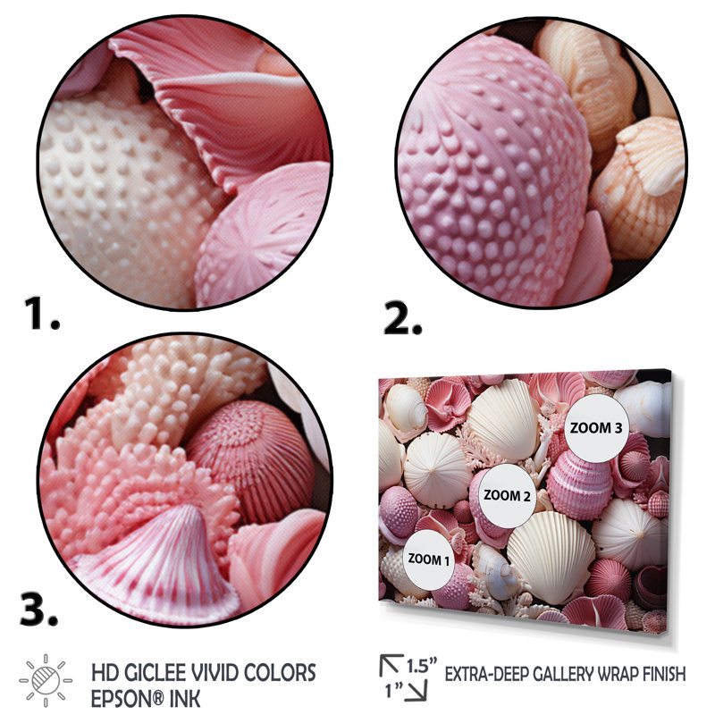 «Pink White Shells Seashore Collage II», reproduction sur toile, H 30 po x l 40 po x P 1,5 po, Cadre flottant doré