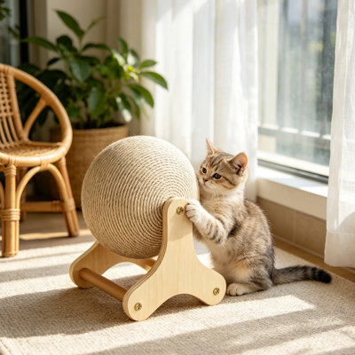 Jouet en bois pour chat avec boule en sisal et motif de roulement interactif