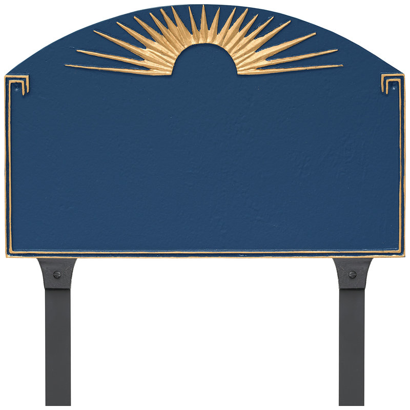 Plaque d’adresse pour gazon à 2 lignes à polygramme de soleil, Bleu de mer / doré