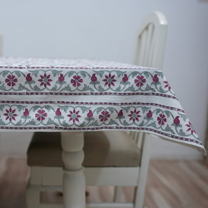 Hand Block Floral Tablecloth in Magenta & Sage, Mrignayani, Pink, 60" W x 60" L